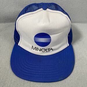 Vintage Minolta Camera Trucker Snapback Cap Hat Pro Fit USA Made Blue White